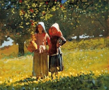 Apple Picking, también conocido como Two Girls con sombreros para el sol o en la acuarela de Orchard Winslow Homer Pinturas al óleo